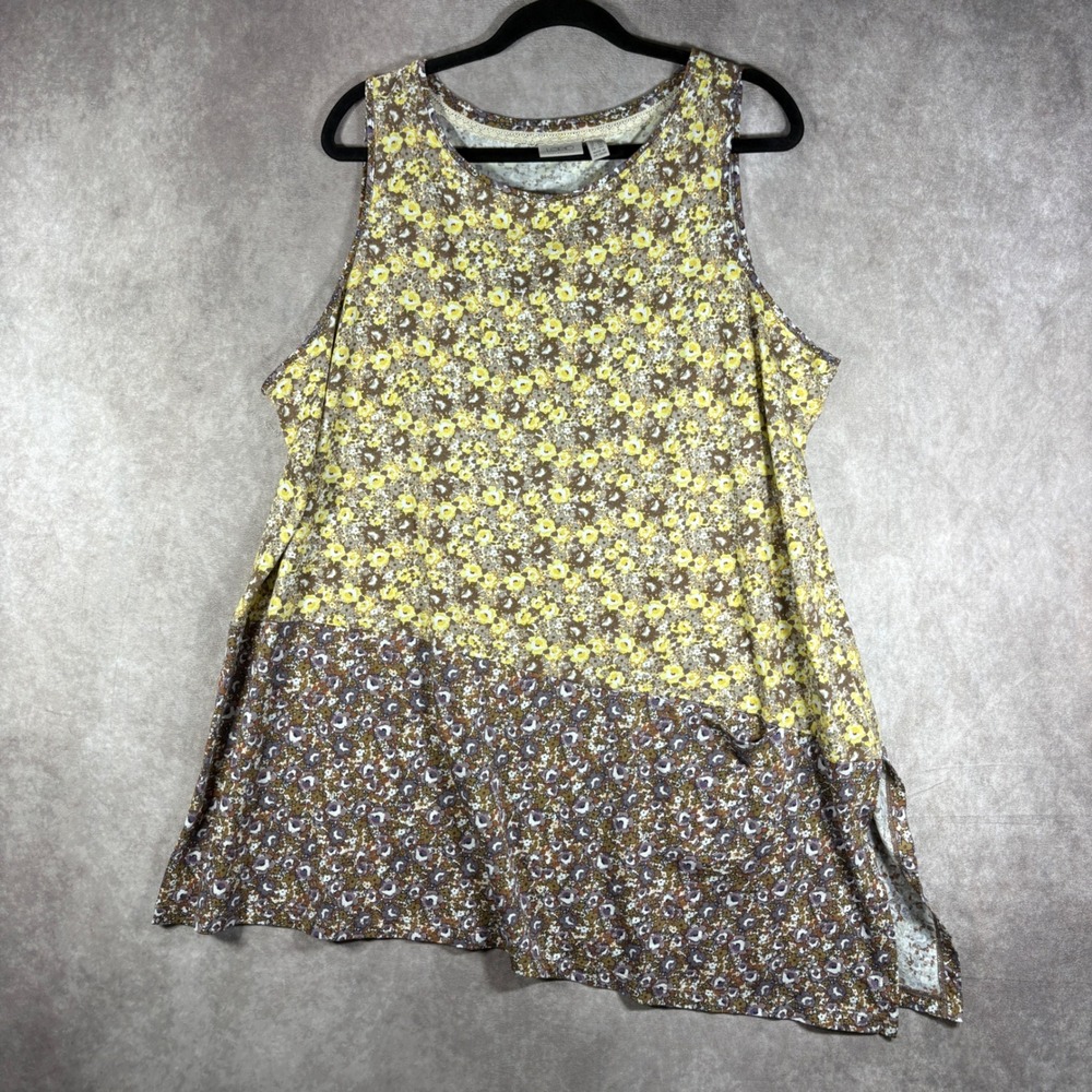 LOGO Lori Goldstein Tank Top 2X Yellow Floral Lori Goldstein Asymmetrical Cotton